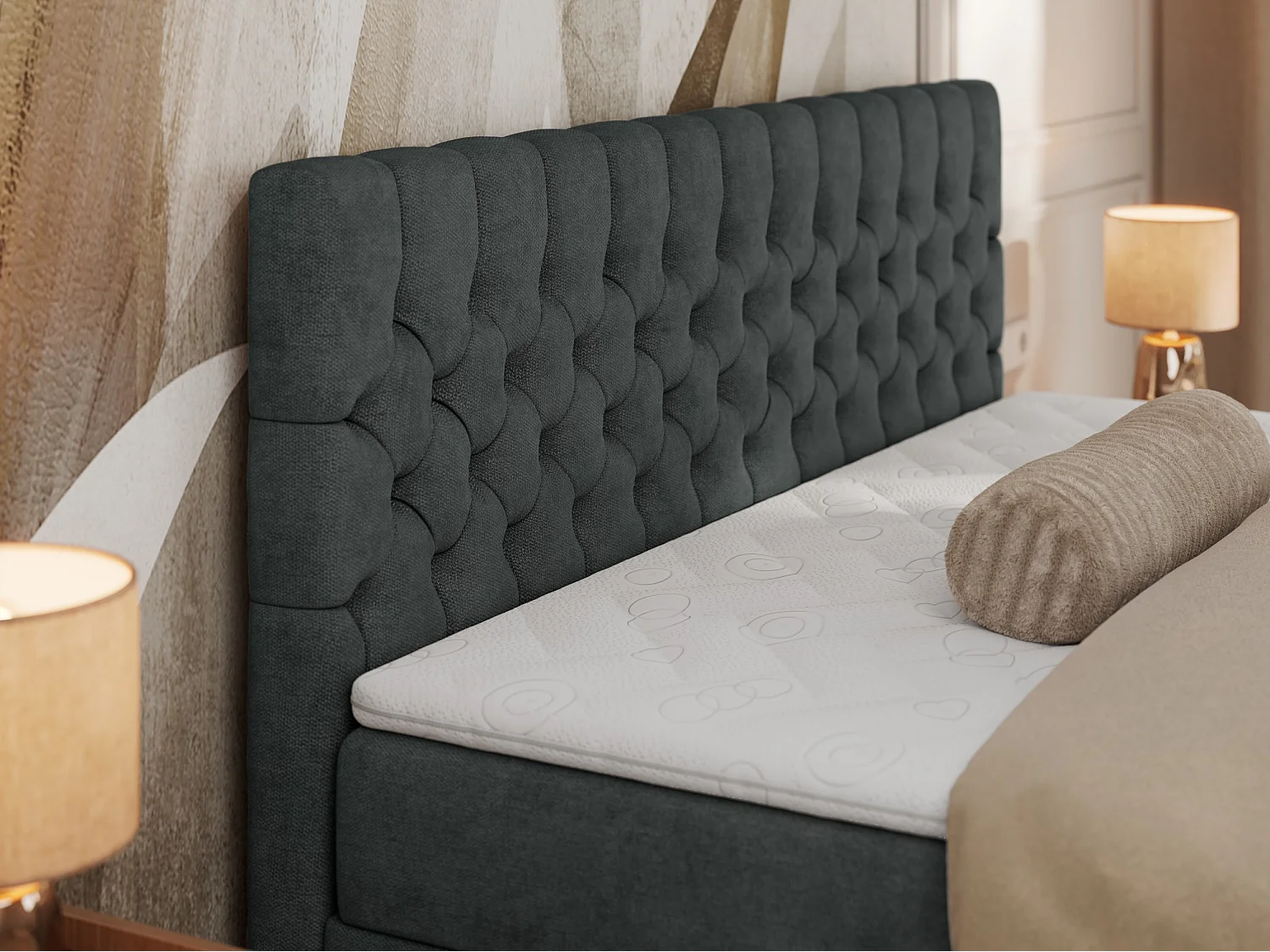 Boxspringbett GRIMALDI mit zwei Bettkästen, gesteppter Kopfstütze, Metallfüßen - 200x200 cm - H3 - Dunkelgrau Strukture