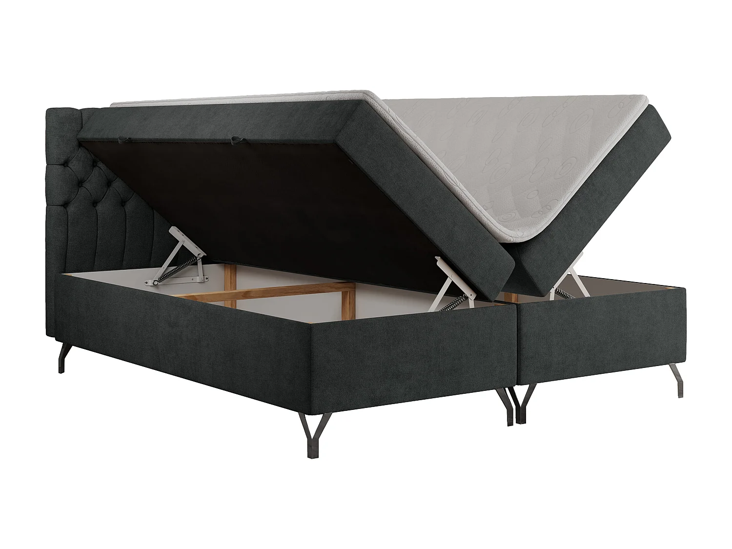 Boxspringbett GRIMALDI mit zwei Bettkästen, gesteppter Kopfstütze, Metallfüßen - 200x200 cm - H3 - Dunkelgrau Strukture