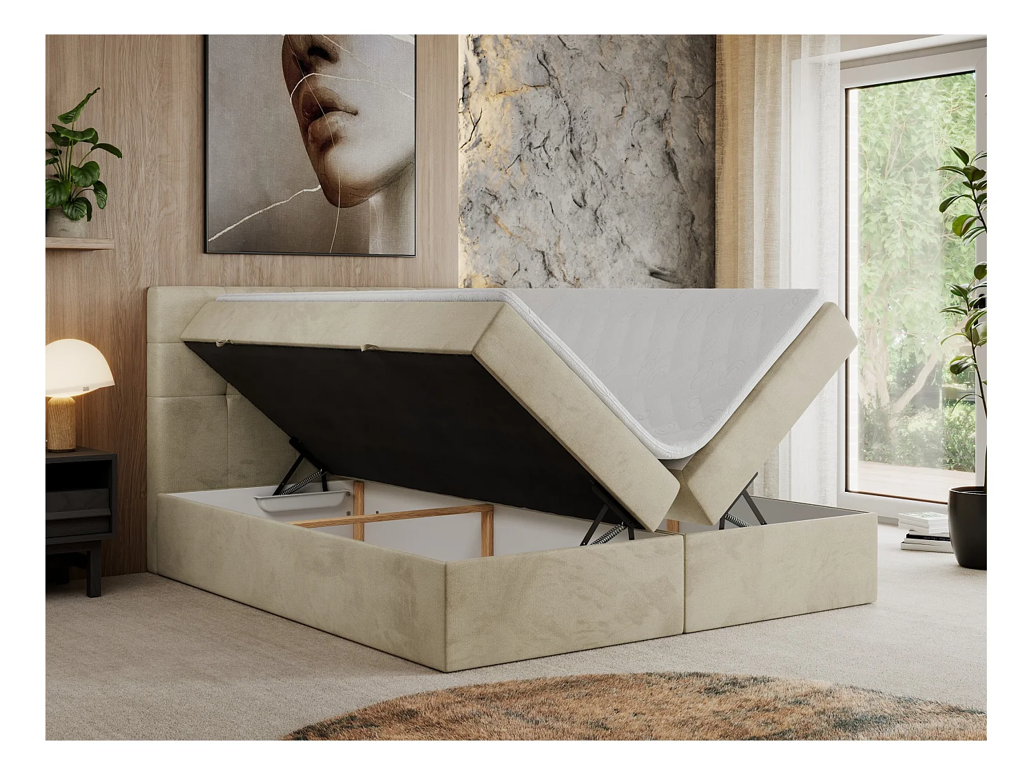 Boxspringbett CENTOS mit gestepptem Kopfteil, Multipocket-Matratze, Doppelbett mit Stauraum - 120x200 cm - H3 - Beige Velvet