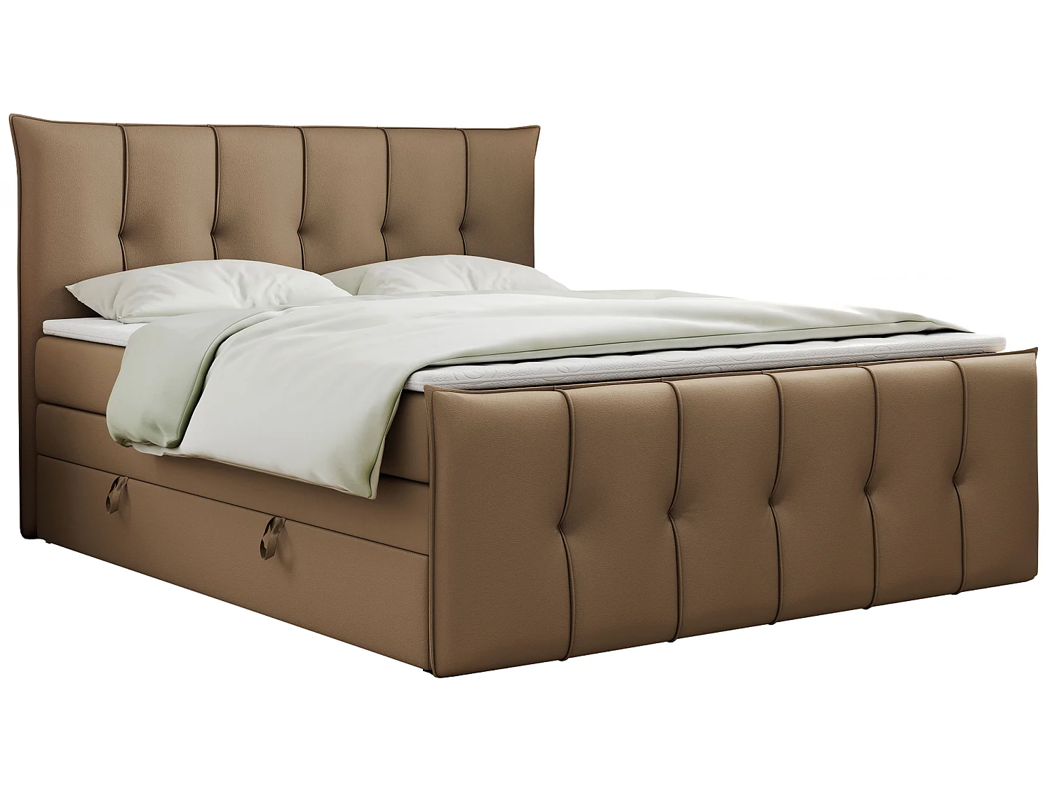 Lit boxspring avec 2 coffres - 2 matelas mi-fermes + surmatelas mousse - Marron Similicuir - 200x200 - PREMIUM 11 KING