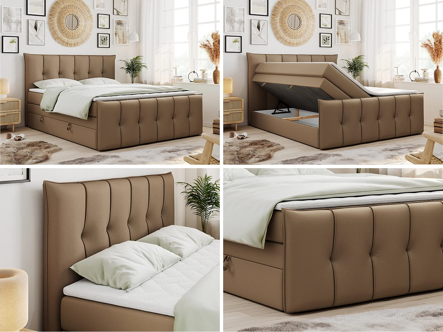 Lit boxspring avec 2 coffres - 2 matelas mi-fermes + surmatelas mousse - Marron Similicuir - 200x200 - PREMIUM 11 KING
