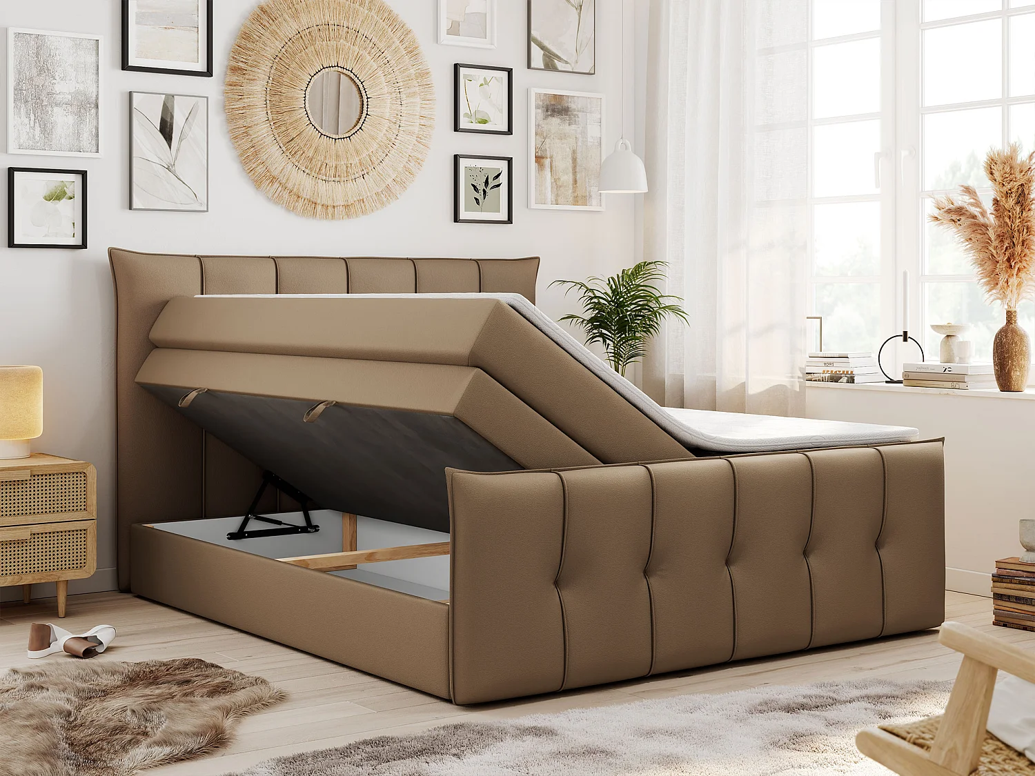 Lit boxspring avec 2 coffres - 2 matelas mi-fermes + surmatelas mousse - Marron Similicuir - 200x200 - PREMIUM 11 KING