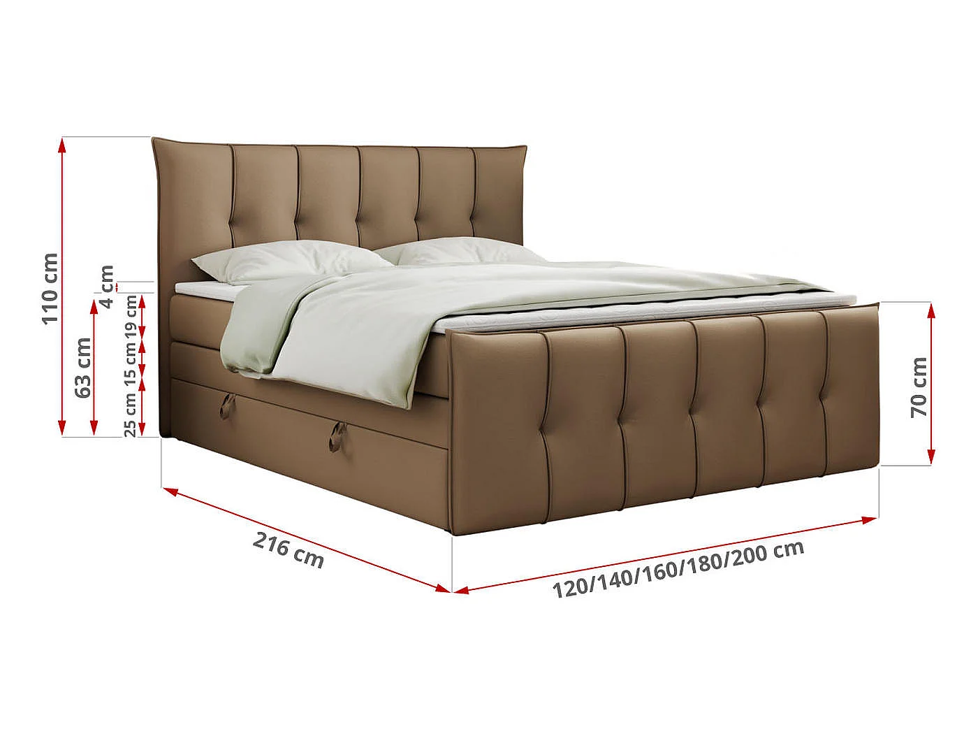Lit boxspring avec 2 coffres - 2 matelas mi-fermes + surmatelas mousse - Marron Similicuir - 200x200 - PREMIUM 11 KING