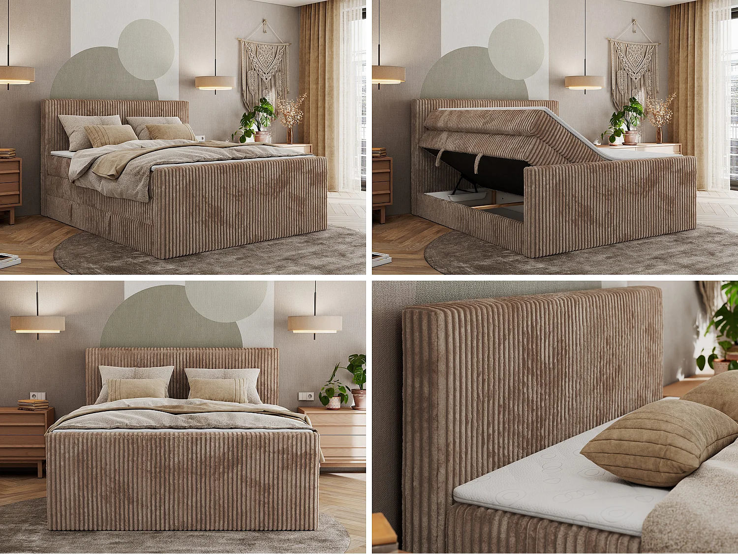 Boxspringbett TILIANO KING DUO, mit zwei Bettkästen, Cord Bett Multipocket-Matratze - 200x200 cm - H3 - Braun Cord
