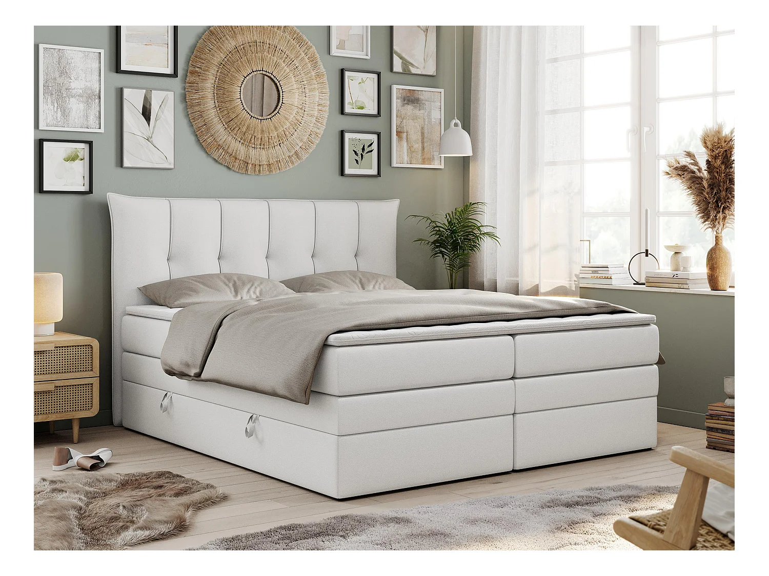 Boxspringbett PREMIUM 10 KING, Doppelbett mit Stauraum, gesteppte Kopfstütze, Multipocket-Matratze - 200x200 cm - H4 - Weiß Kunstleder