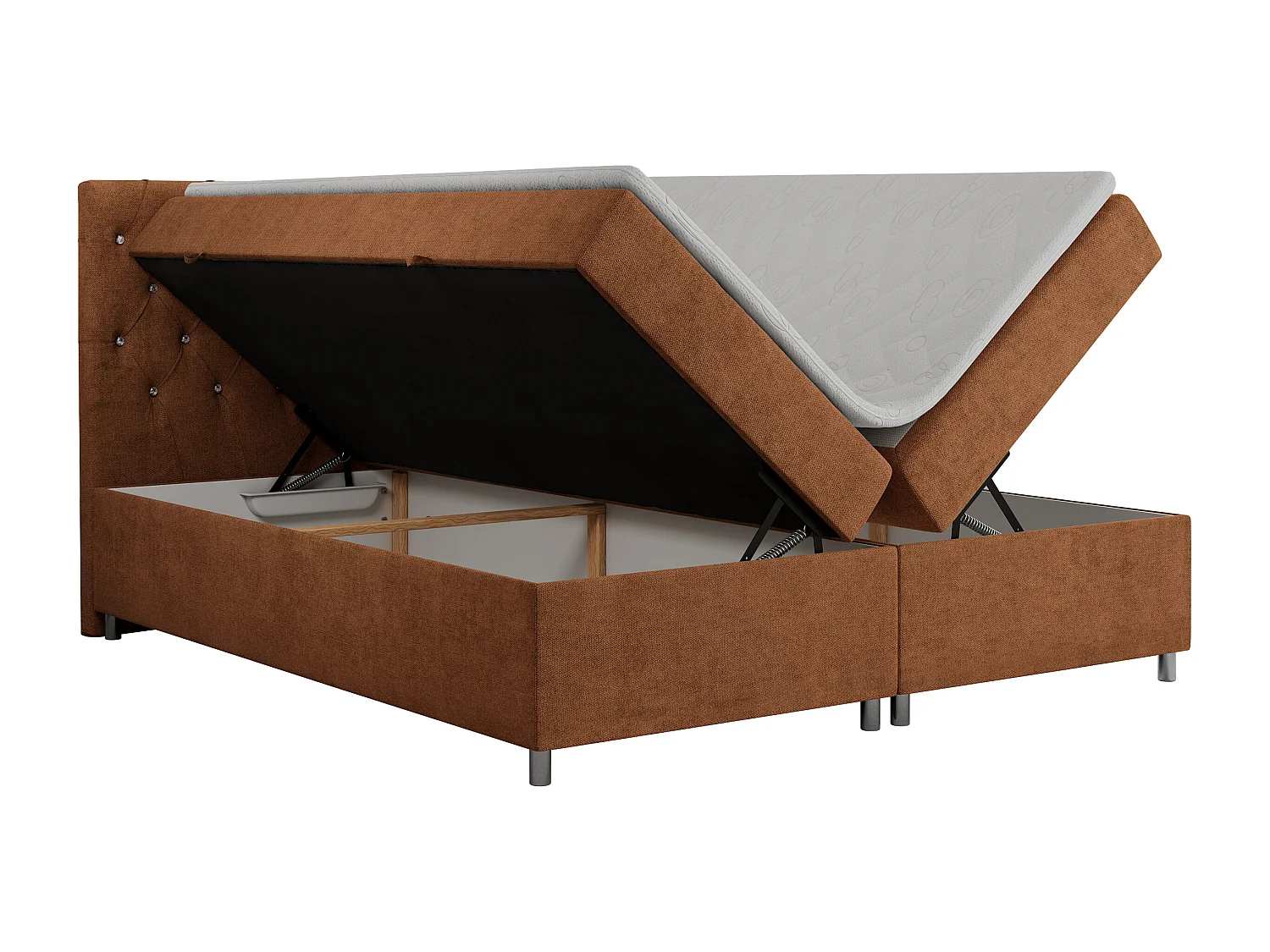 Boxspringbett ROMA mit gestepptem Kopfteil, Multipocket-Matratze, dekorative Füße - 120x200 cm - H4 - Orange Strukture