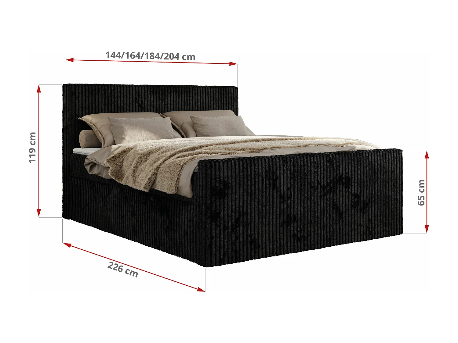 Boxspringbett TILIANO DUO mit gepolstertem Fußteil, Cord Bett, Multipocket-Matratze - 180x200 cm - H4 - Schwarz Cord