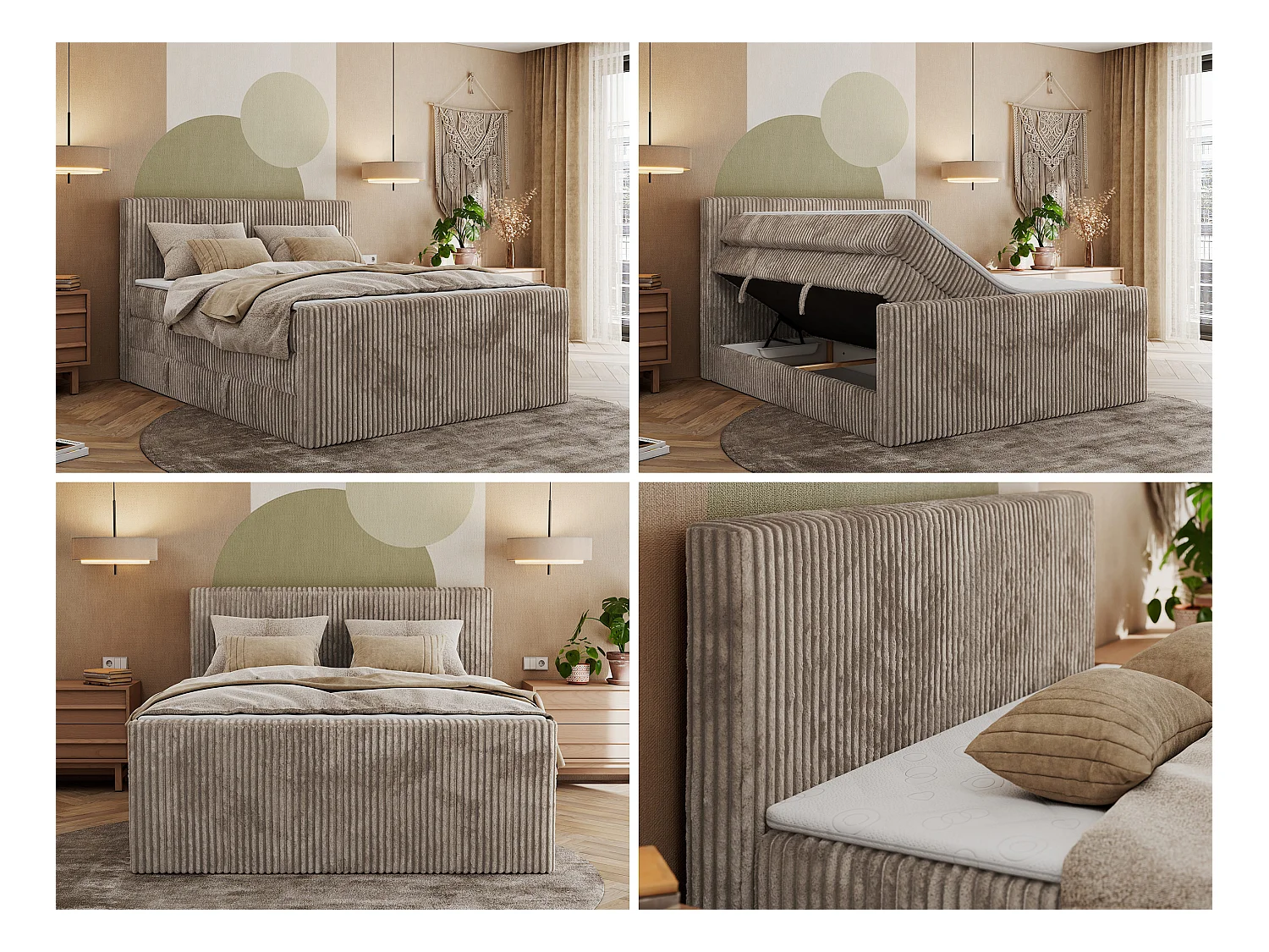 Boxspringbett TILIANO KING DUO, mit zwei Bettkästen, Cord Bett Multipocket-Matratze - 200x200 cm - H3 - Hellbraun Cord