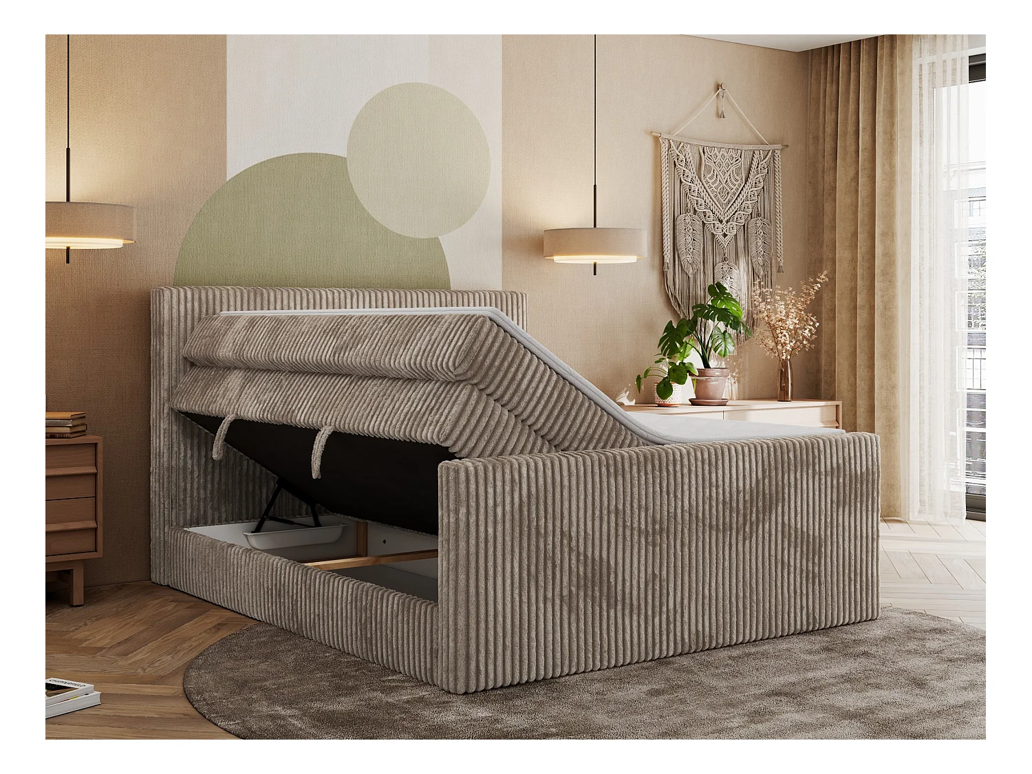 Boxspringbett TILIANO KING DUO, mit zwei Bettkästen, Cord Bett Multipocket-Matratze - 200x200 cm - H3 - Hellbraun Cord