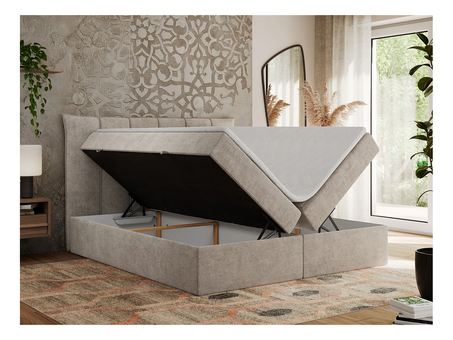 Boxspringbett PREMIUM 10 mit Multipocket-Matratze, gesteppte Kopfstütze, zwei Bettkästen - 140x200 cm - H3 - Beige Strukture