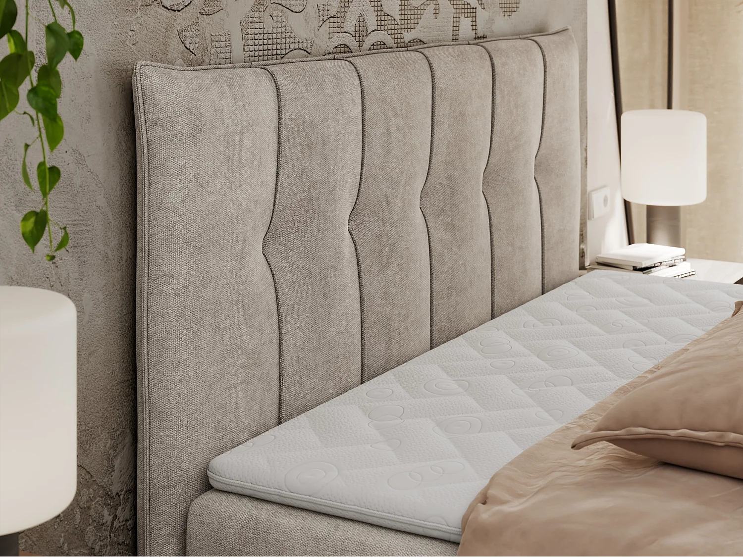 Boxspringbett PREMIUM 10 mit Multipocket-Matratze, gesteppte Kopfstütze, zwei Bettkästen - 140x200 cm - H3 - Beige Strukture