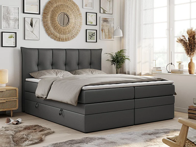 Boxspringbett PREMIUM 10 KING, Doppelbett mit Stauraum, gesteppte Kopfstütze, Multipocket-Matratze - 200x200 cm - H4 - Dunkelgrau Kunstleder
