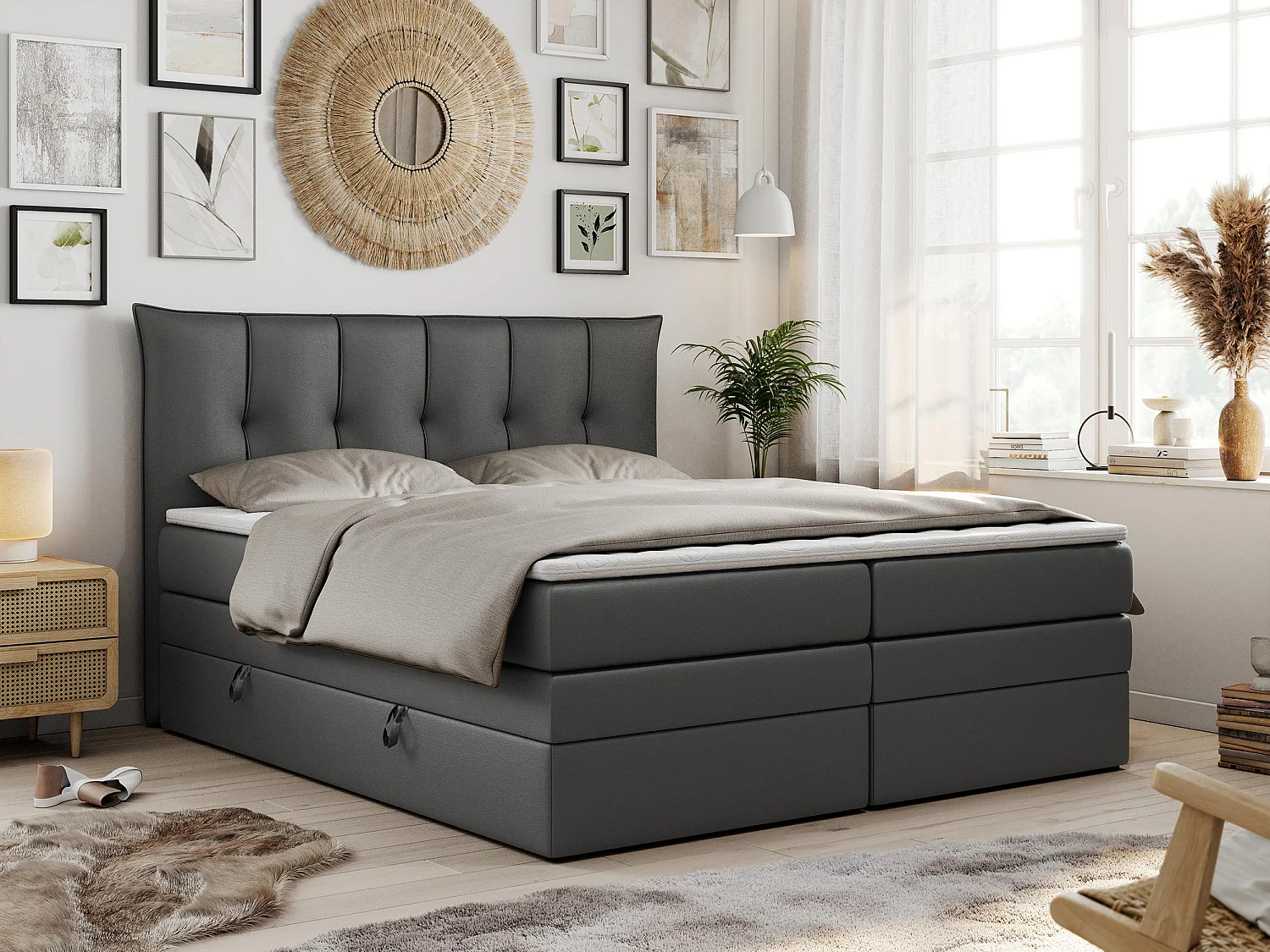 Boxspringbett PREMIUM 10 KING, Doppelbett mit Stauraum, gesteppte Kopfstütze, Multipocket-Matratze - 200x200 cm - H4 - Dunkelgrau Kunstleder