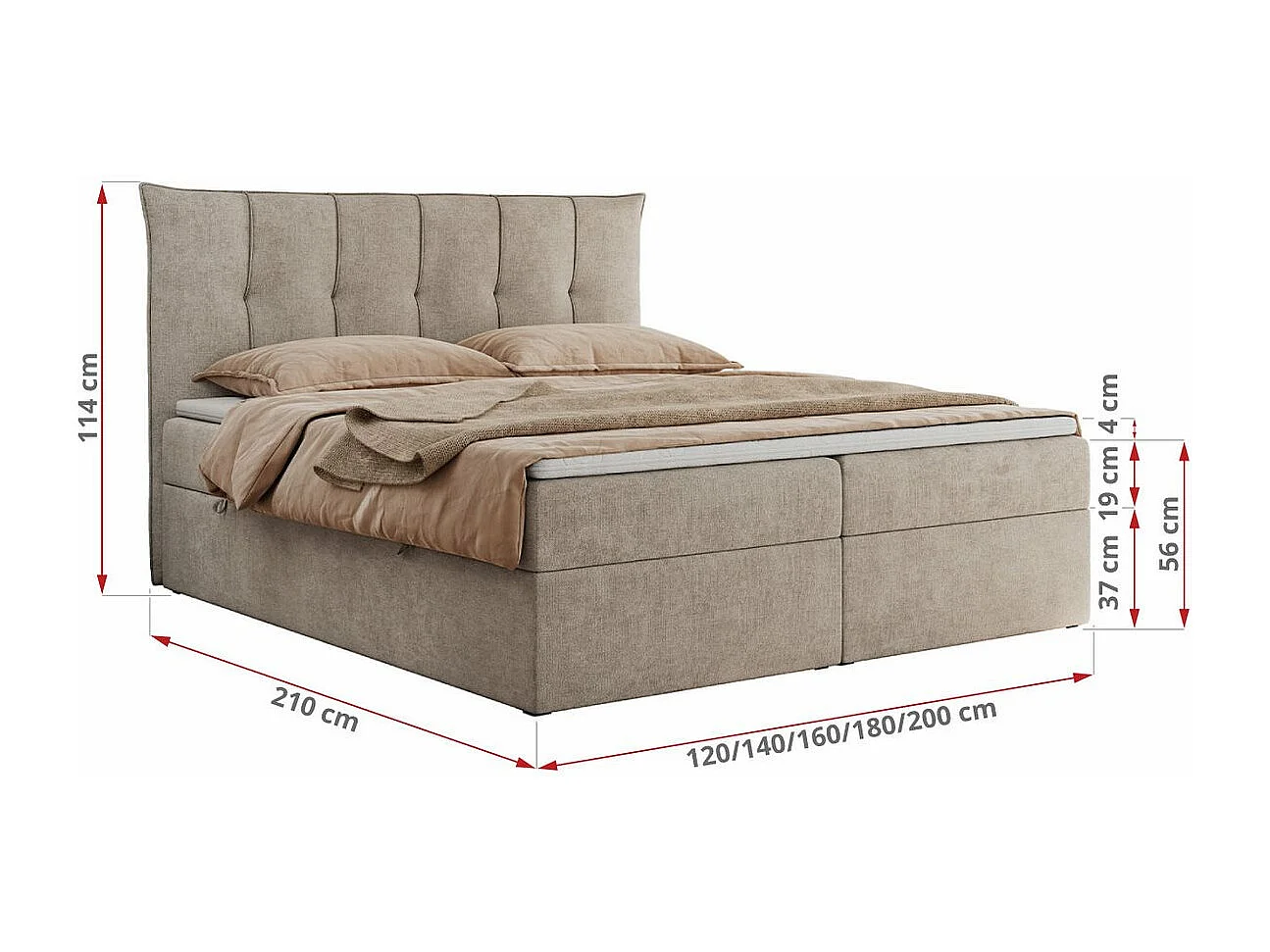 Boxspringbett PREMIUM 10 mit Multipocket-Matratze, gesteppte Kopfstütze, zwei Bettkästen - 120x200 cm - H4 - Beige Strukture
