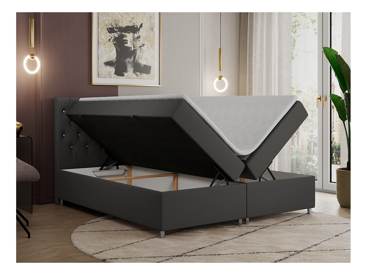 Boxspringbett ROMA mit gestepptem Kopfteil, Multipocket-Matratze, dekorative Füße - 200x200 cm - H4 - Dunkelgrau Kunstleder