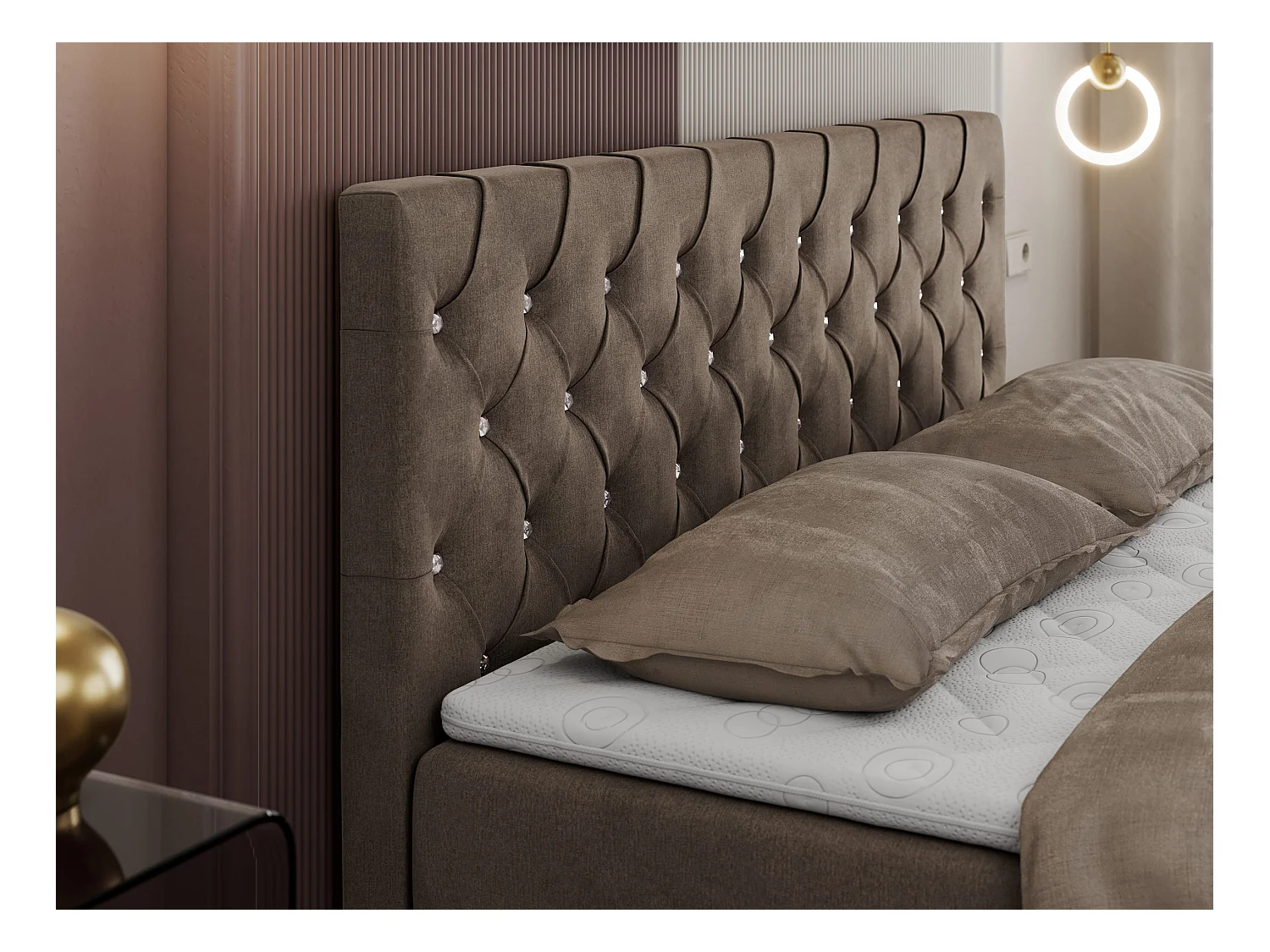 Boxspringbett ROMA mit gestepptem Kopfteil, Multipocket-Matratze, dekorative Füße - 200x200 cm - H3 - Braun Velvet