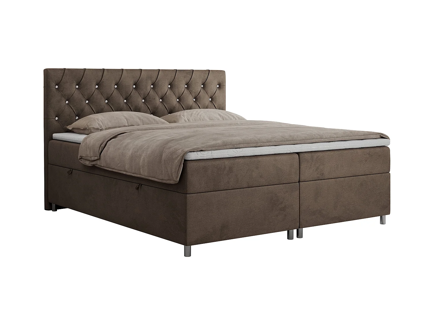 Boxspringbett ROMA mit gestepptem Kopfteil, Multipocket-Matratze, dekorative Füße - 200x200 cm - H3 - Braun Velvet