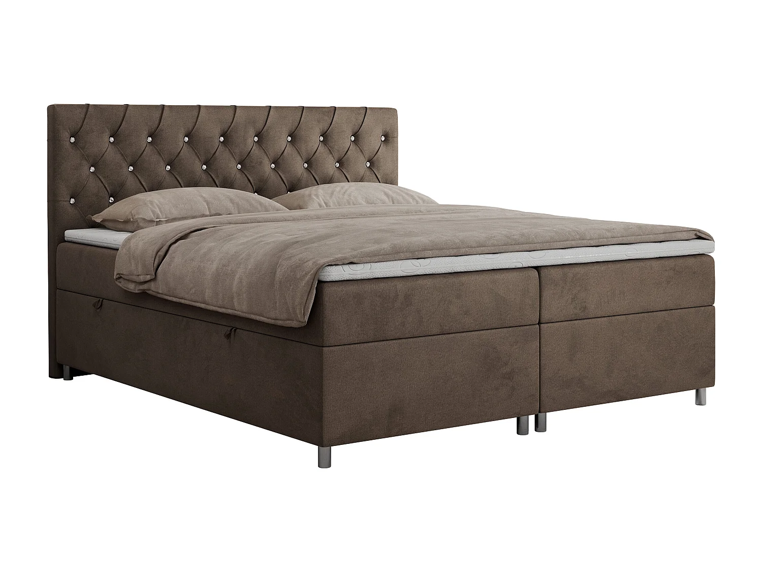 Boxspringbett ROMA mit gestepptem Kopfteil, Multipocket-Matratze, dekorative Füße - 200x200 cm - H3 - Braun Velvet
