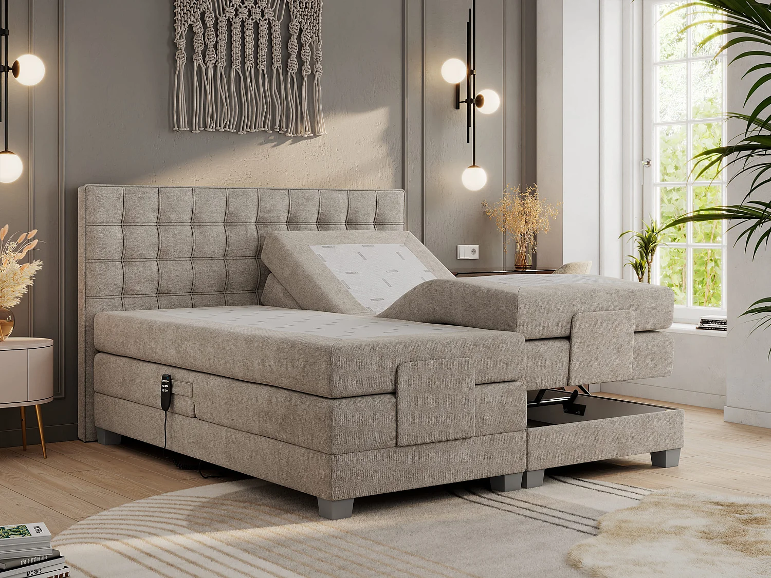 Boxspringbett ELEKTRO mit Multipocket-Matratze, Elektrisch verstellbare, genähtes Kopfteil - 140x200 cm - H4 - Beige Strukture