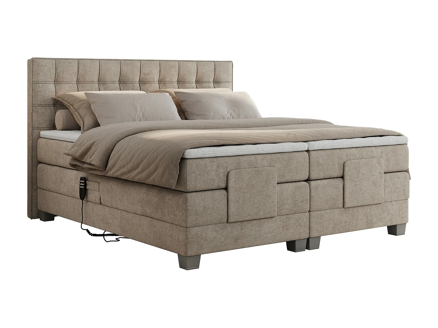 Boxspringbett ELEKTRO mit Multipocket-Matratze, Elektrisch verstellbare, genähtes Kopfteil - 140x200 cm - H4 - Beige Strukture