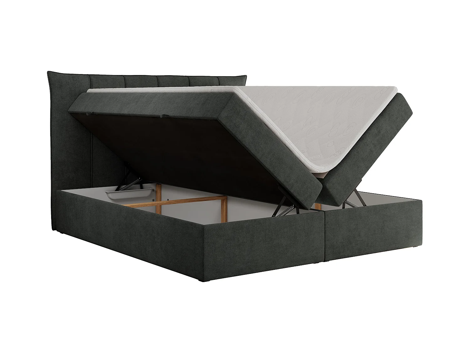 Boxspringbett PREMIUM 10 mit Multipocket-Matratze, gesteppte Kopfstütze, zwei Bettkästen - 140x200 cm - H4 - Dunkelgrau Strukture