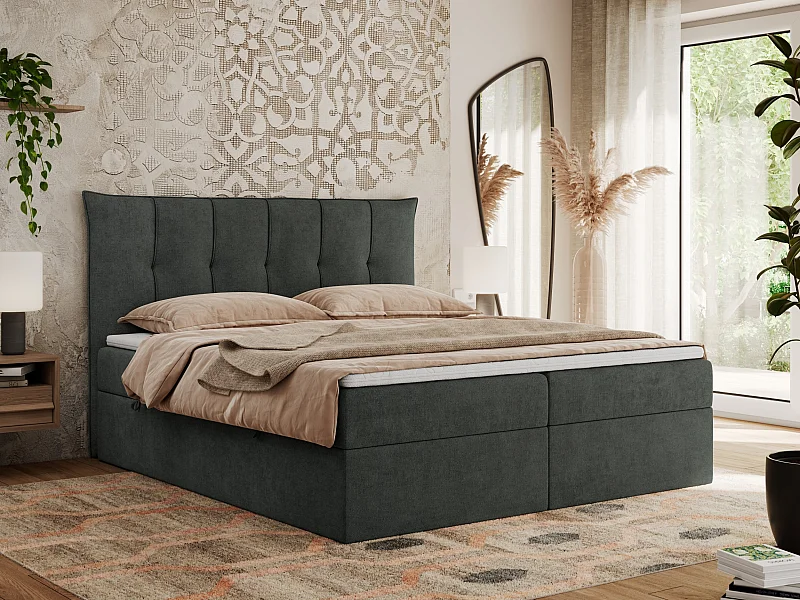 Boxspringbett PREMIUM 10 mit Multipocket-Matratze, gesteppte Kopfstütze, zwei Bettkästen - 140x200 cm - H4 - Dunkelgrau Strukture