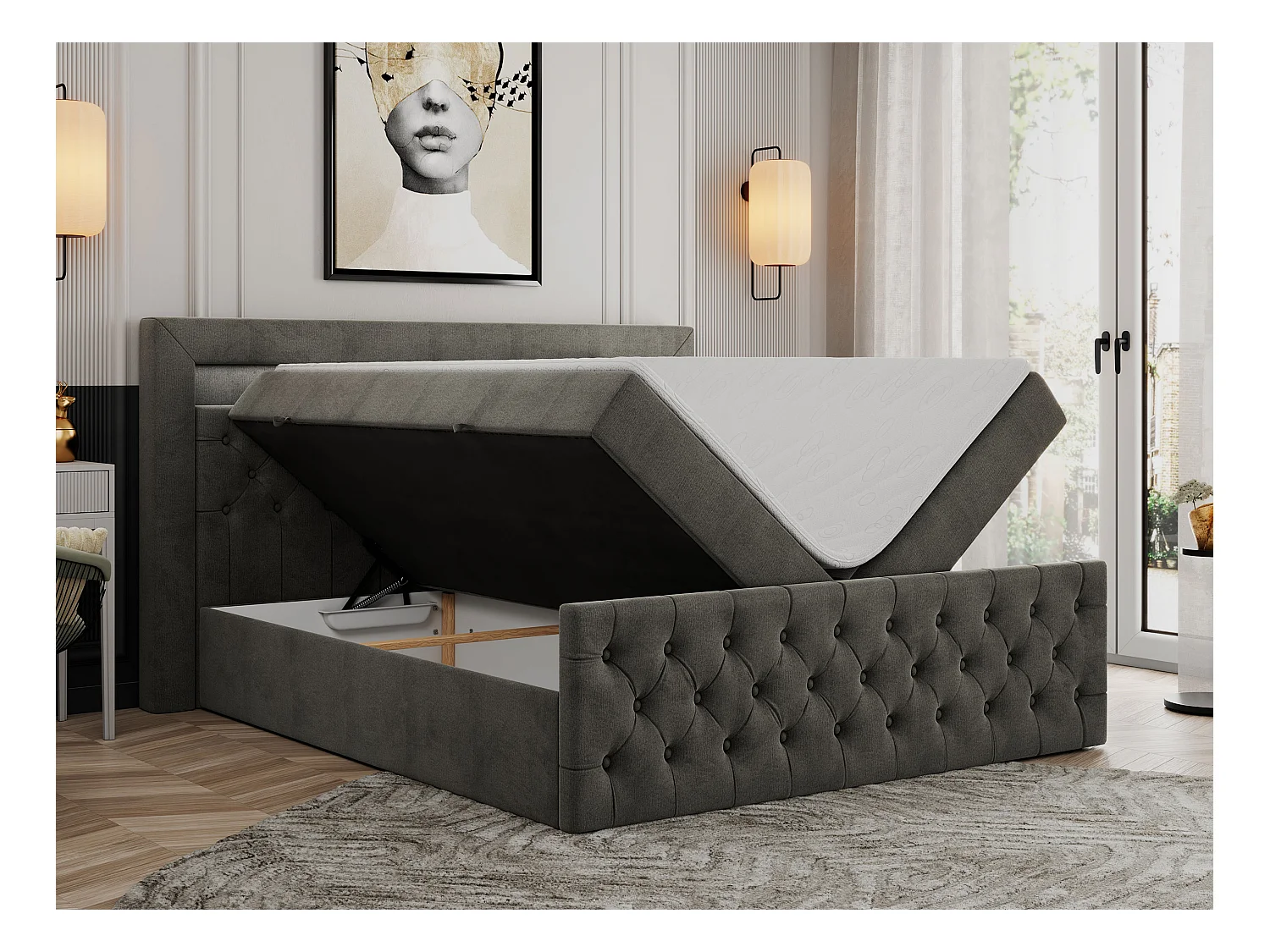 Boxspringbett GOLD 9 mit Stauraum, Multipocket-Matratze, gestepptes Bett, LED Beleuchtung - 180x200 cm - H4 - Dunkelgrau Velvet