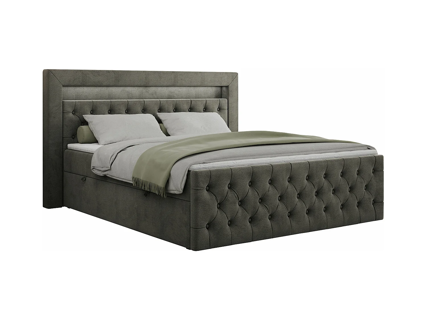 Boxspringbett GOLD 9 mit Stauraum, Multipocket-Matratze, gestepptes Bett, LED Beleuchtung - 180x200 cm - H4 - Dunkelgrau Velvet