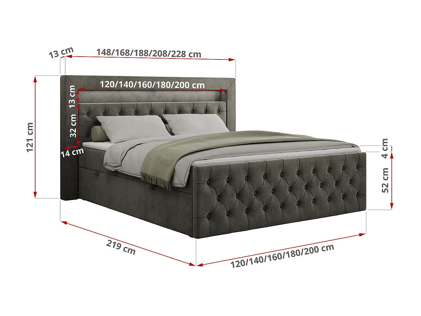 Boxspringbett GOLD 9 mit Stauraum, Multipocket-Matratze, gestepptes Bett, LED Beleuchtung - 180x200 cm - H4 - Dunkelgrau Velvet