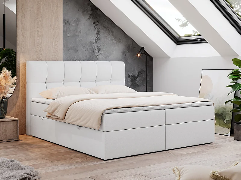 Boxspringbett RICO, Doppelbett mit Matratze, zwei Bettkästen, Bett mit Kopfteil - 200x200 cm - H4 - Weiß Kunstleder