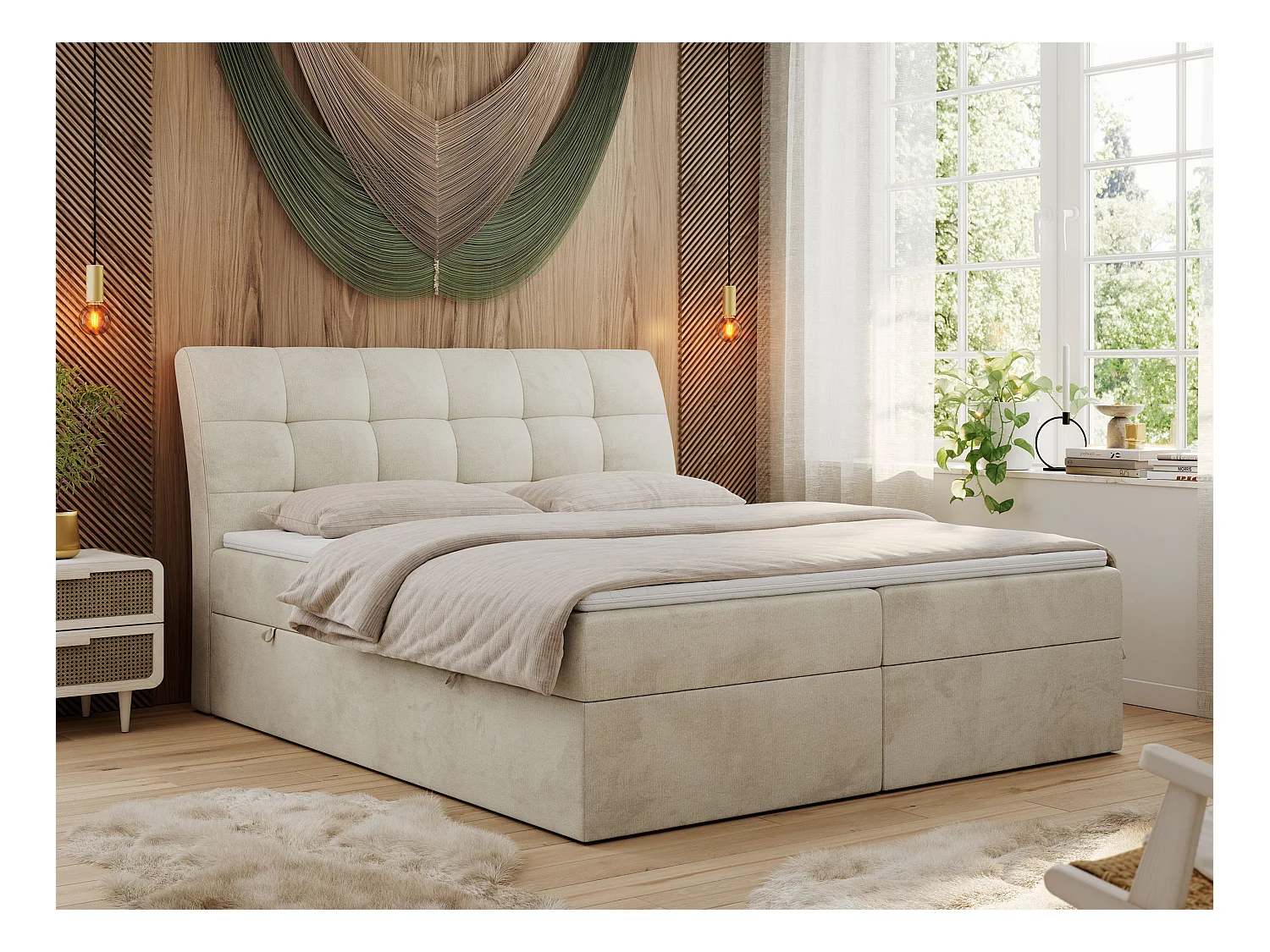 Boxspringbett DIEGOS mit Stauraum, gestepptem Kopfteil, Multipocket-Matratze - 200x200 cm - H4 - Beige Velvet