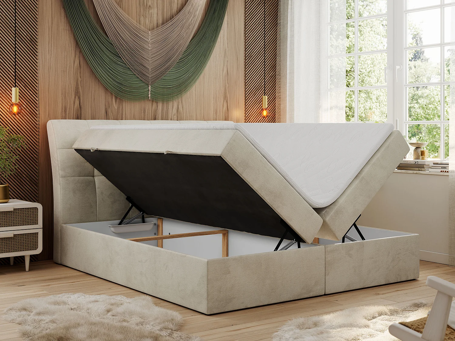 Boxspringbett DIEGOS mit Stauraum, gestepptem Kopfteil, Multipocket-Matratze - 200x200 cm - H4 - Beige Velvet