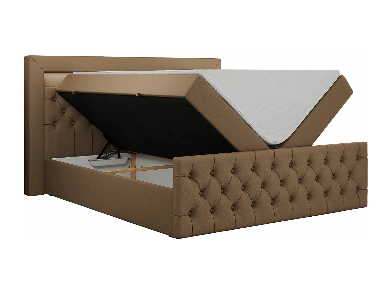 Boxspringbett GOLD 9 mit Stauraum, Multipocket-Matratze, gestepptes Bett, LED Beleuchtung - 140x200 cm - H3 - Braun Kunstleder
