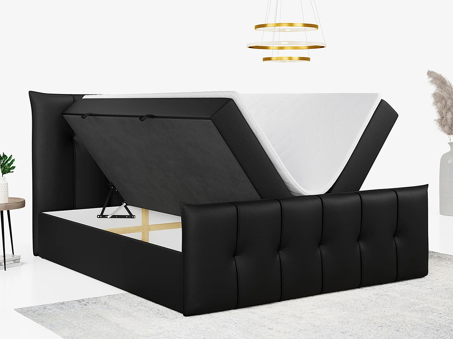 Boxspringbett PREMIUM 11 mit Stauraum, gestepptem Kopfteil, Multipocket-Matratze und Topper - 200x200 cm - H3 - Schwarz Kunstleder