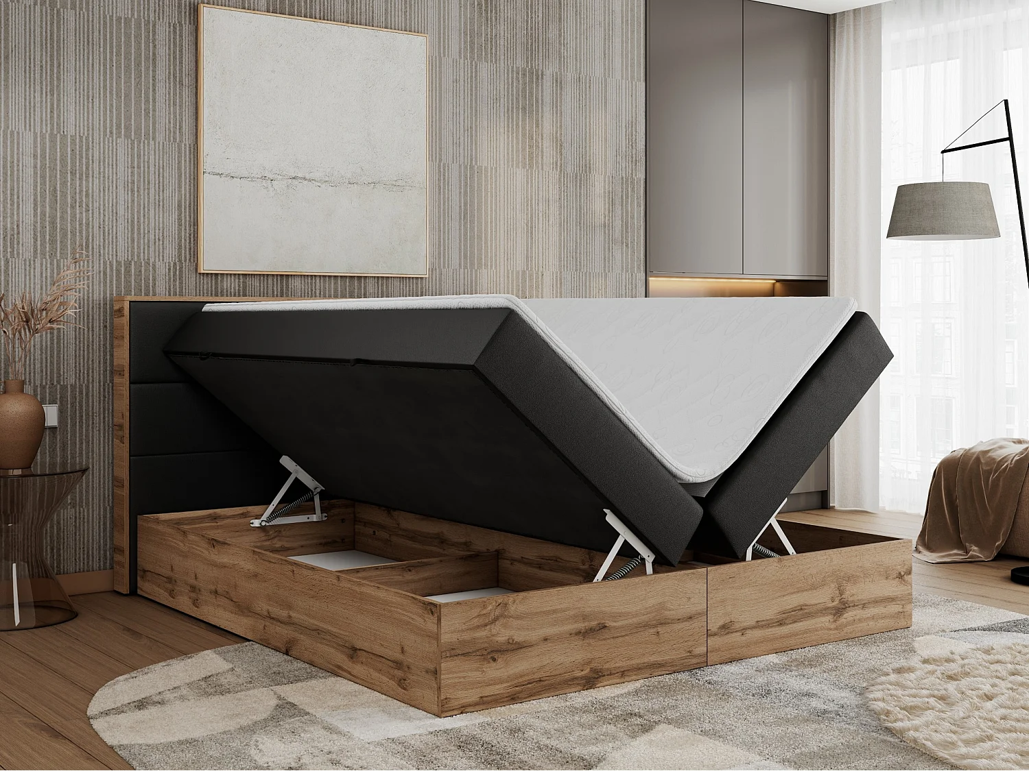 Boxspringbett ALBERO 2 mit Topper und Multipocket-Matratze, Stauraum, Holzrahmen - 120x200 cm - H4 - Schwarz Kunstleder