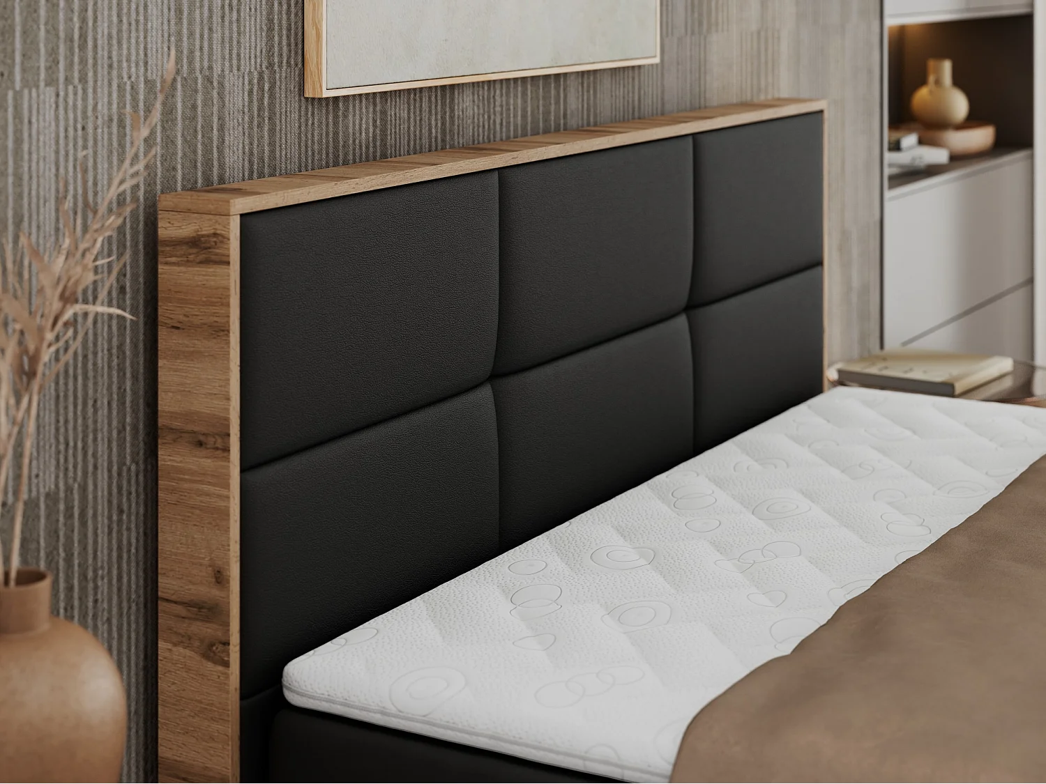 Boxspringbett ALBERO 2 mit Topper und Multipocket-Matratze, Stauraum, Holzrahmen - 120x200 cm - H4 - Schwarz Kunstleder