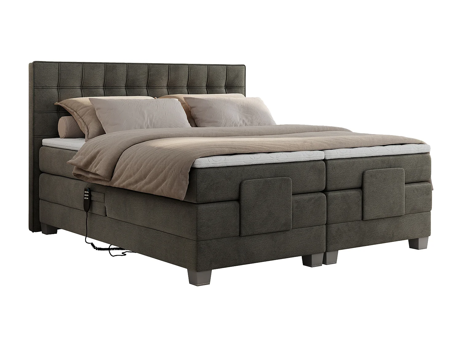 Boxspringbett ELEKTRO mit Multipocket-Matratze, Elektrisch verstellbare, genähtes Kopfteil - 180x200 cm - H4 - Dunkelgrau Velvet