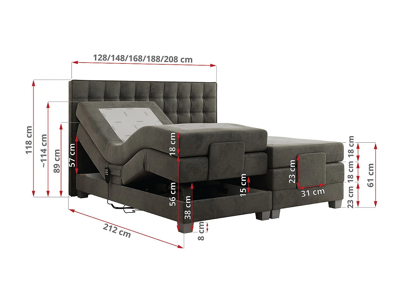 Boxspringbett ELEKTRO mit Multipocket-Matratze, Elektrisch verstellbare, genähtes Kopfteil - 180x200 cm - H4 - Dunkelgrau Velvet