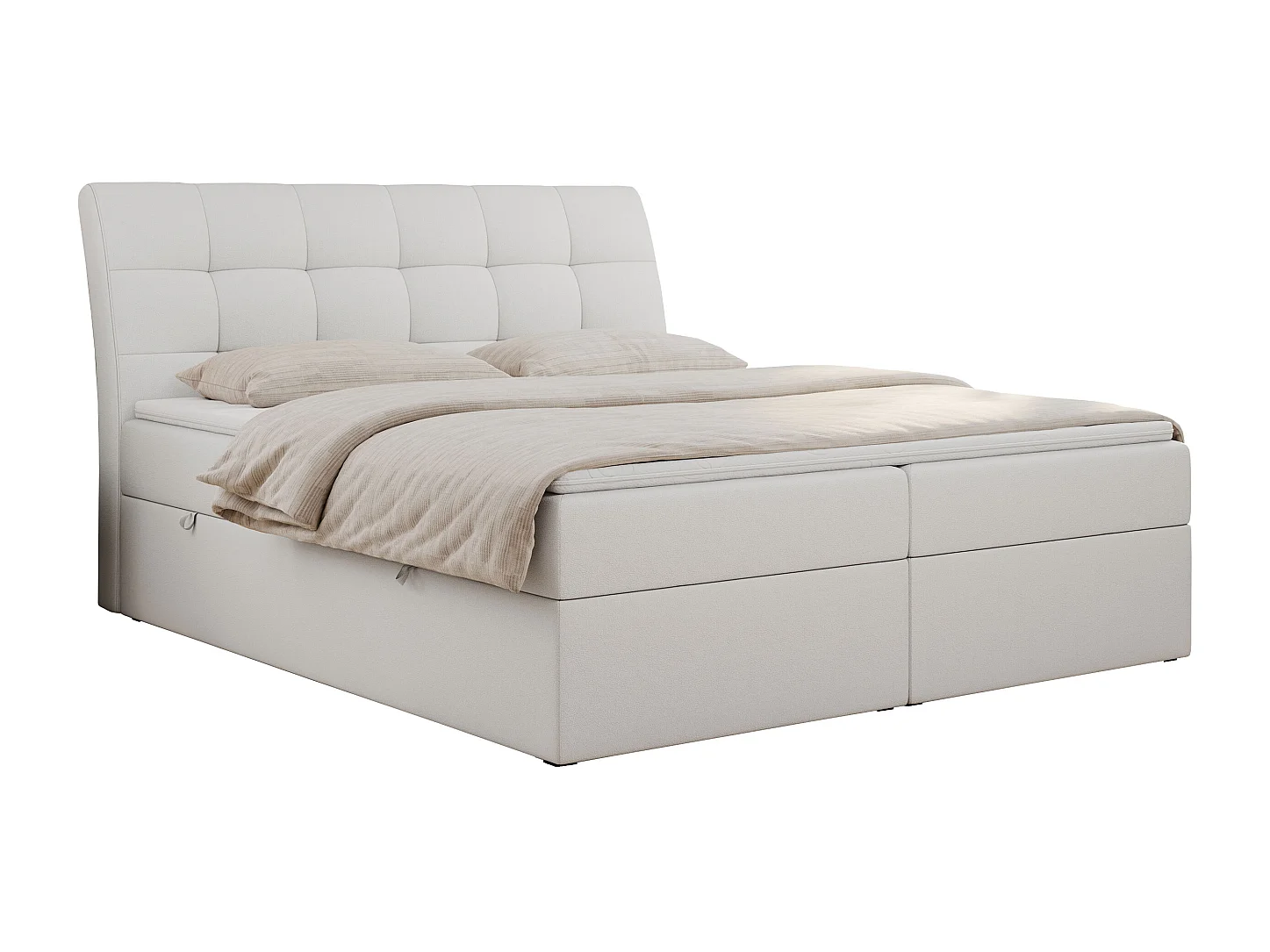 Boxspringbett DIEGOS mit Stauraum, gestepptem Kopfteil, Multipocket-Matratze - 140x200 cm - H3 - Weiß Kunstleder