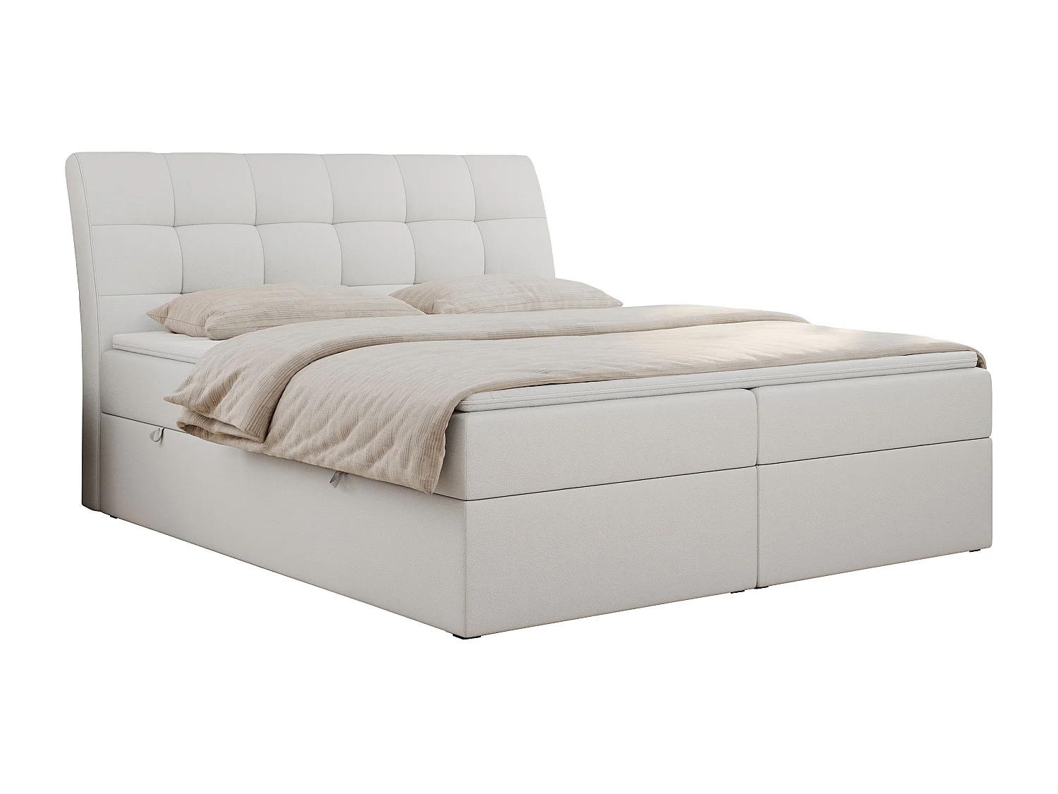 Boxspringbett DIEGOS mit Stauraum, gestepptem Kopfteil, Multipocket-Matratze - 140x200 cm - H3 - Weiß Kunstleder