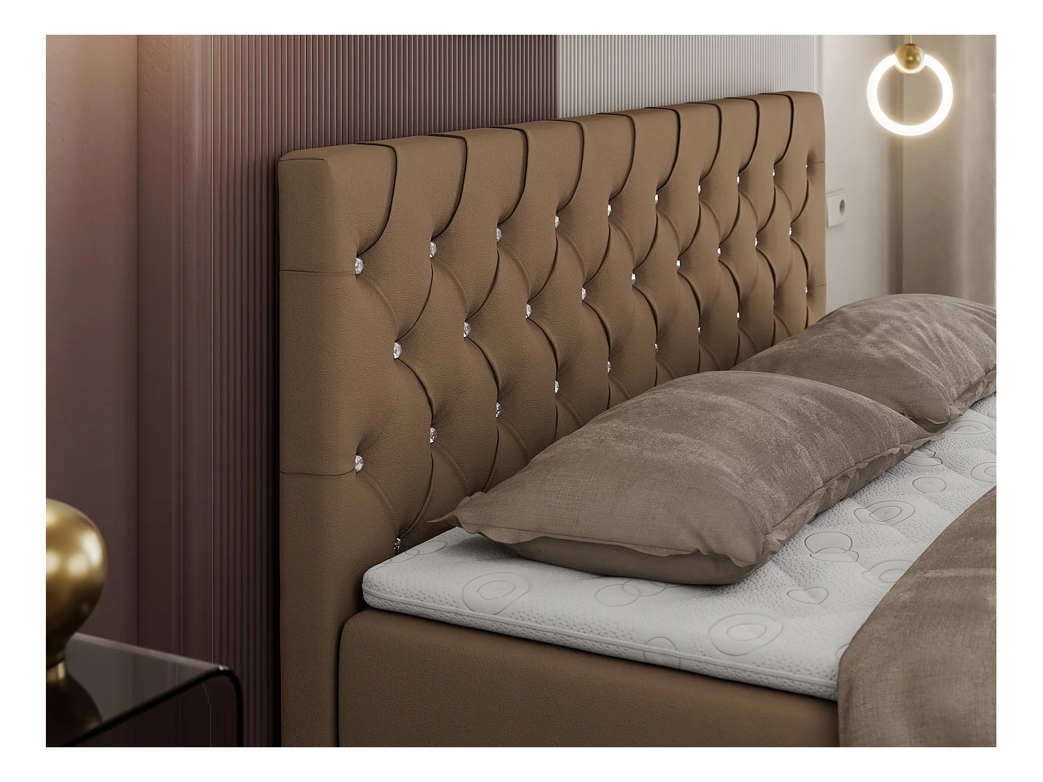 Boxspringbett ROMA mit gestepptem Kopfteil, Multipocket-Matratze, dekorative Füße - 160x200 cm - H4 - Braun Kunstleder