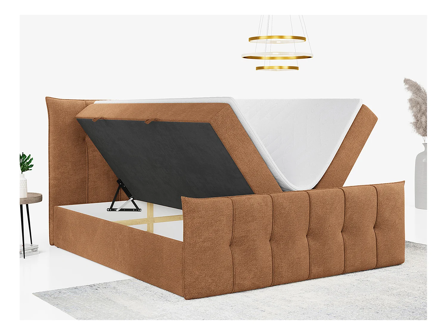 Boxspringbett PREMIUM 11 mit Stauraum, gestepptem Kopfteil, Multipocket-Matratze und Topper - 200x200 cm - H3 - Orange Strukture