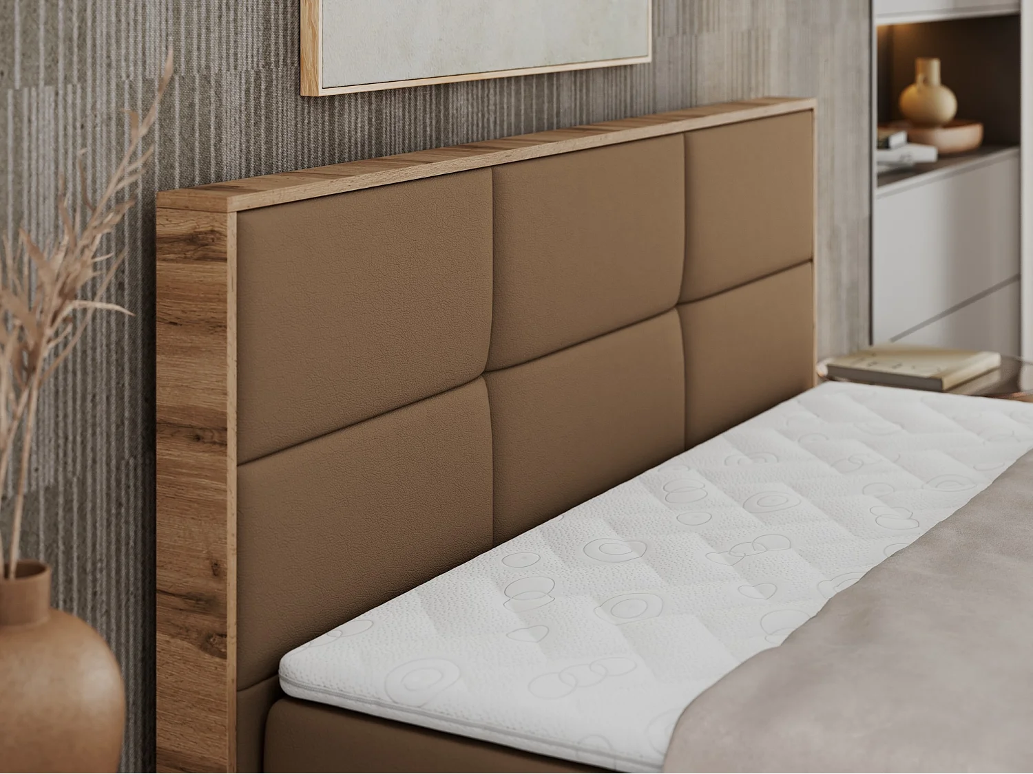 Boxspringbett ALBERO 2 mit Topper und Multipocket-Matratze, Stauraum, Holzrahmen - 160x200 cm - H4 - Braun Kunstleder