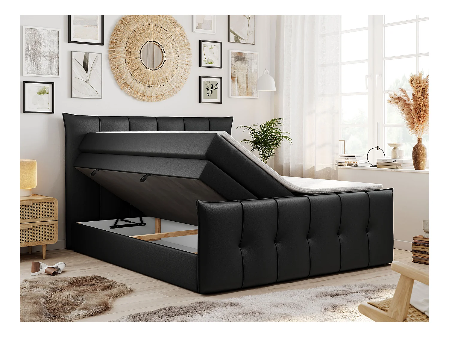 Boxspringbett PREMIUM 11 KING mit Stauraum, gestepptes Kopfteil, zwei Multipocket-Matratzen - 140x200 cm - H3 - Schwarz Kunstleder