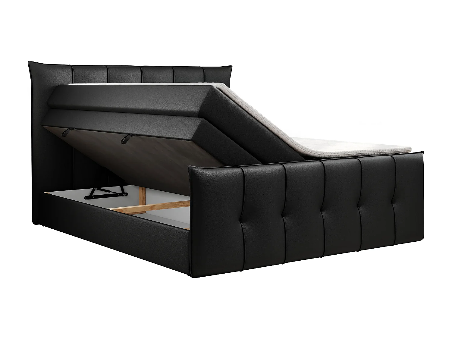 Boxspringbett PREMIUM 11 KING mit Stauraum, gestepptes Kopfteil, zwei Multipocket-Matratzen - 140x200 cm - H3 - Schwarz Kunstleder
