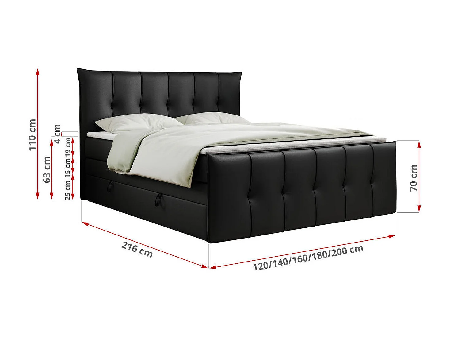 Boxspringbett PREMIUM 11 KING mit Stauraum, gestepptes Kopfteil, zwei Multipocket-Matratzen - 140x200 cm - H3 - Schwarz Kunstleder