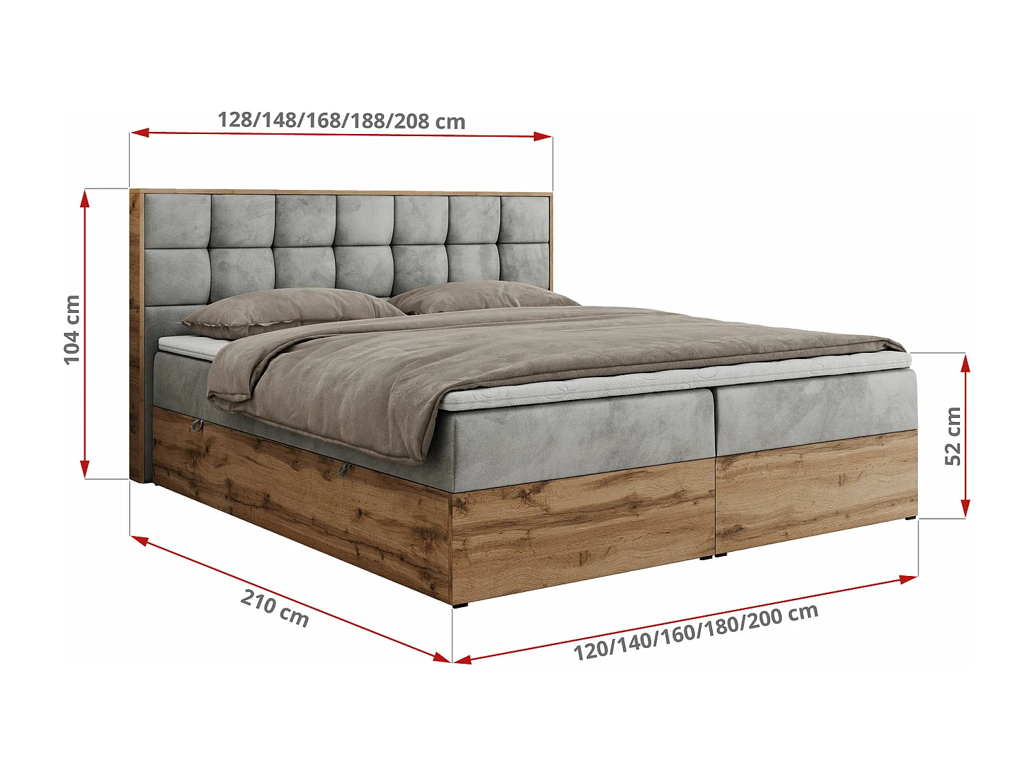 Boxspringbett ALBERO 1, Polsterbett mit gestepptem Kopfteil, Multipocket-Matratze - 140x200 cm - H4 - Hellgrau Velvet