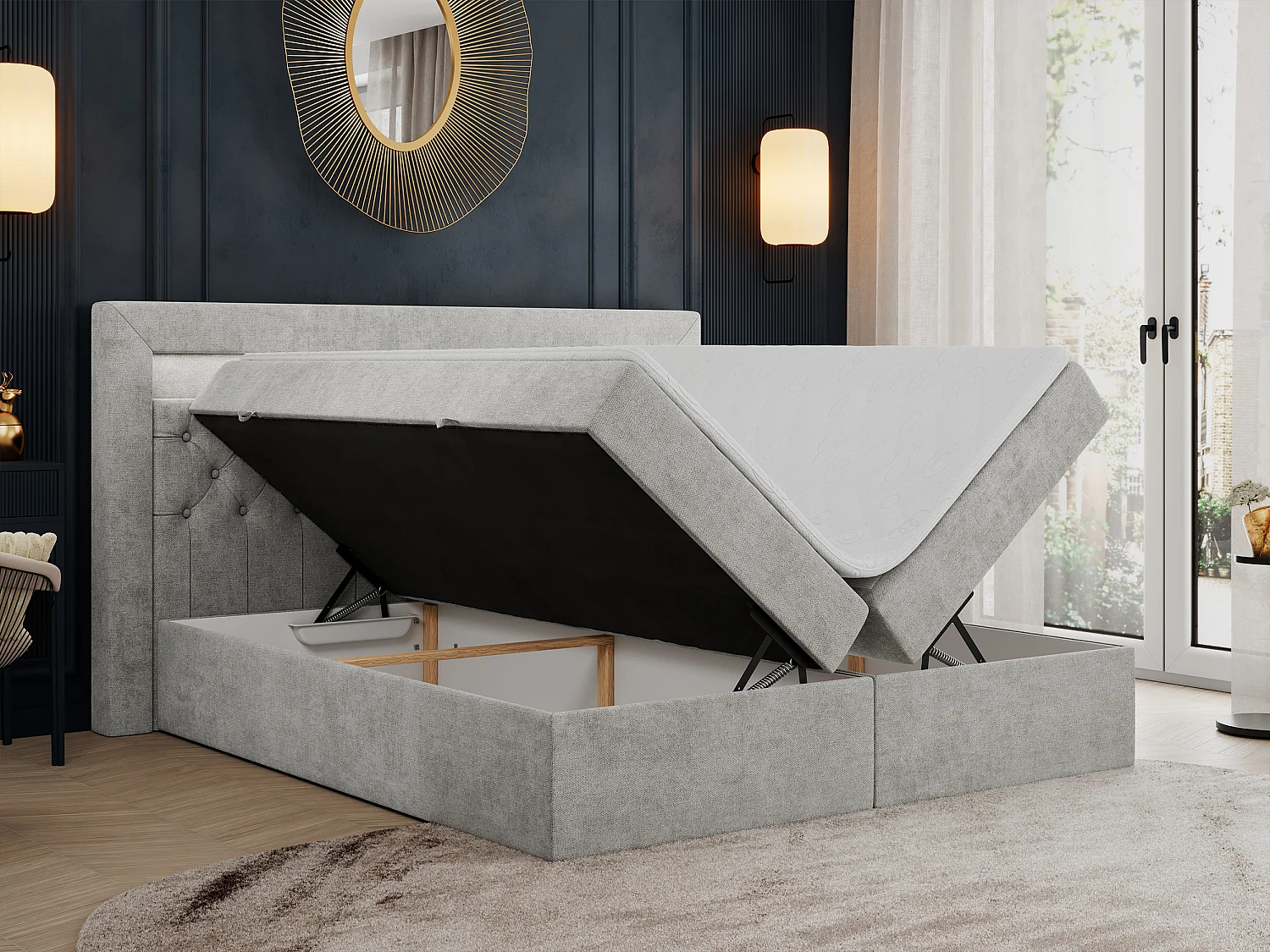 Boxspringbett GOLD 6, Doppelbett mit Stauraum, LED-Beleuchtung, gesteppte Kopfstütze - 160x200 cm - H4 - Hellgrau Strukture