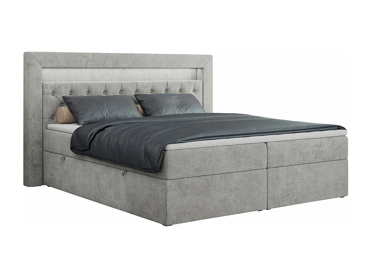 Boxspringbett GOLD 6, Doppelbett mit Stauraum, LED-Beleuchtung, gesteppte Kopfstütze - 160x200 cm - H4 - Hellgrau Strukture