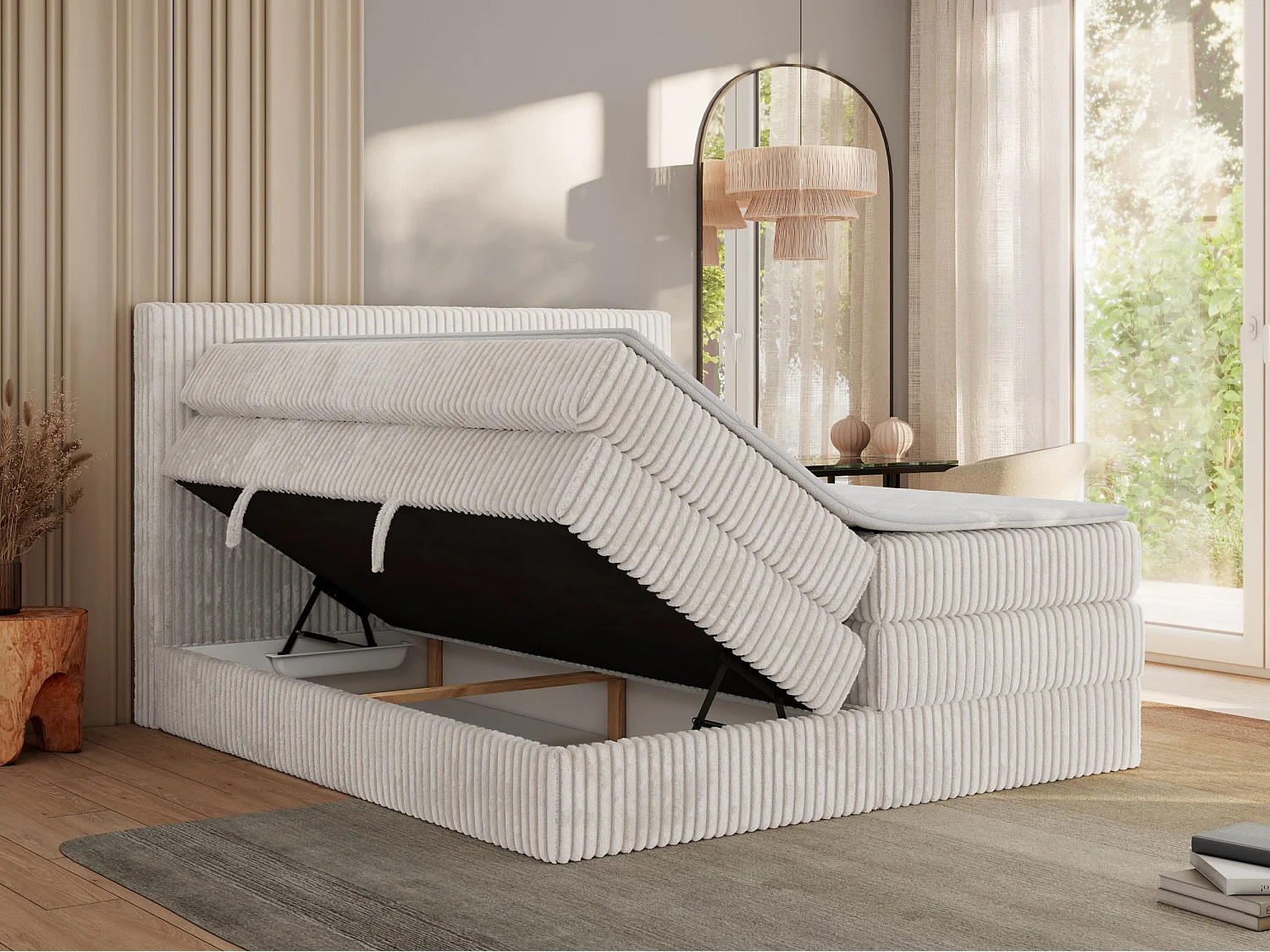 Boxspringbett TILIANO KING, Multipocket-Matratze, Cord Bett, Kopfteil und zwei Bettkästen - 200x200 cm - H4 - Beige Cord